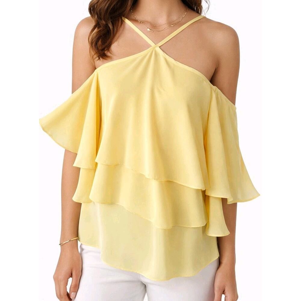 Chicos Silk Tiered Ruffle Blouse Womens 0 S Butter Yellow Cold Shoulder Flowy